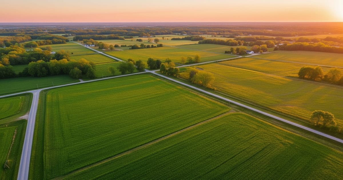 Aerial view of open farmland crossed by rural roads at golden hour