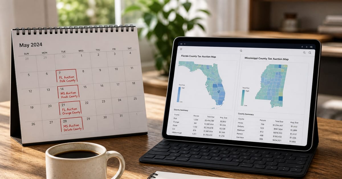 Editorial photograph illustrating: Tax Deed Auction Calendar 2026: When and Where to Buy Land in Florida & Mississippi