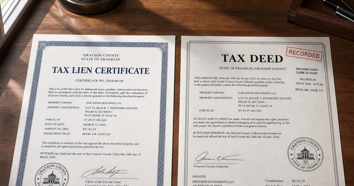 Editorial photograph illustrating: Tax Deed vs Tax Lien Investing: Why Vacant Land Offers Better Margins with Less Risk